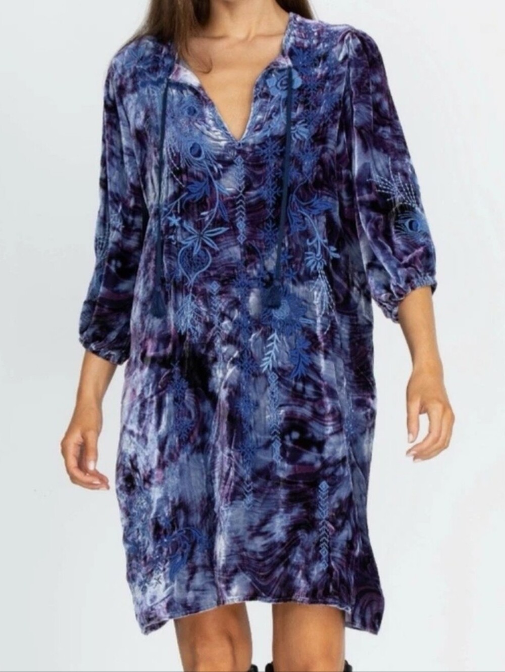 Johnny Was Silk Azure Velvet Purple+Blue Embroidered V-Neck Mini Dress Size XXS